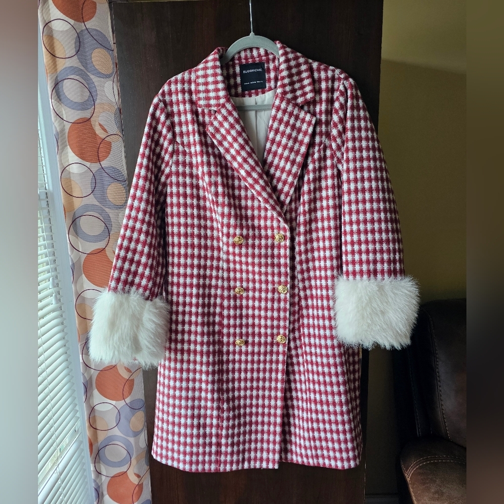 BloomChic Red and White Checkered Pea Coat